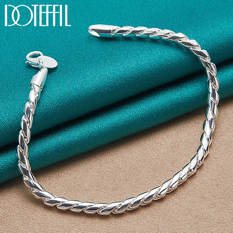 DOTEFFIL 925 Sterling Silver Bracelet 4mm Snake Chain Screw Fits European Charm DIY Fashion Wedding Jewelry Women Men