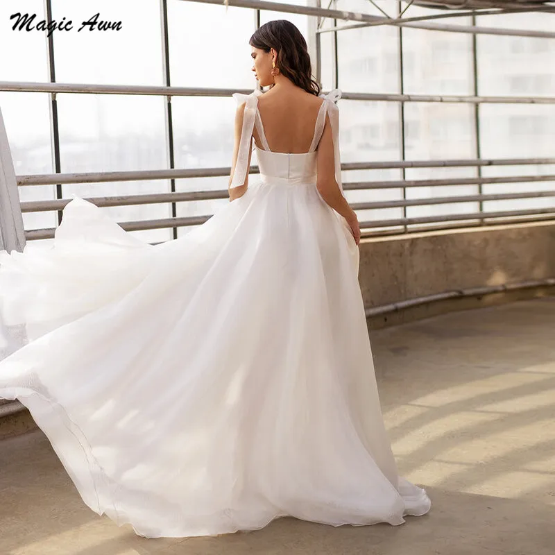 Magic Awn Simple Organza Beach Wedding Dresses 2021 Bow Spaghetti Straps Bohemian Mariage Gowns With Side Slit Robe Longue