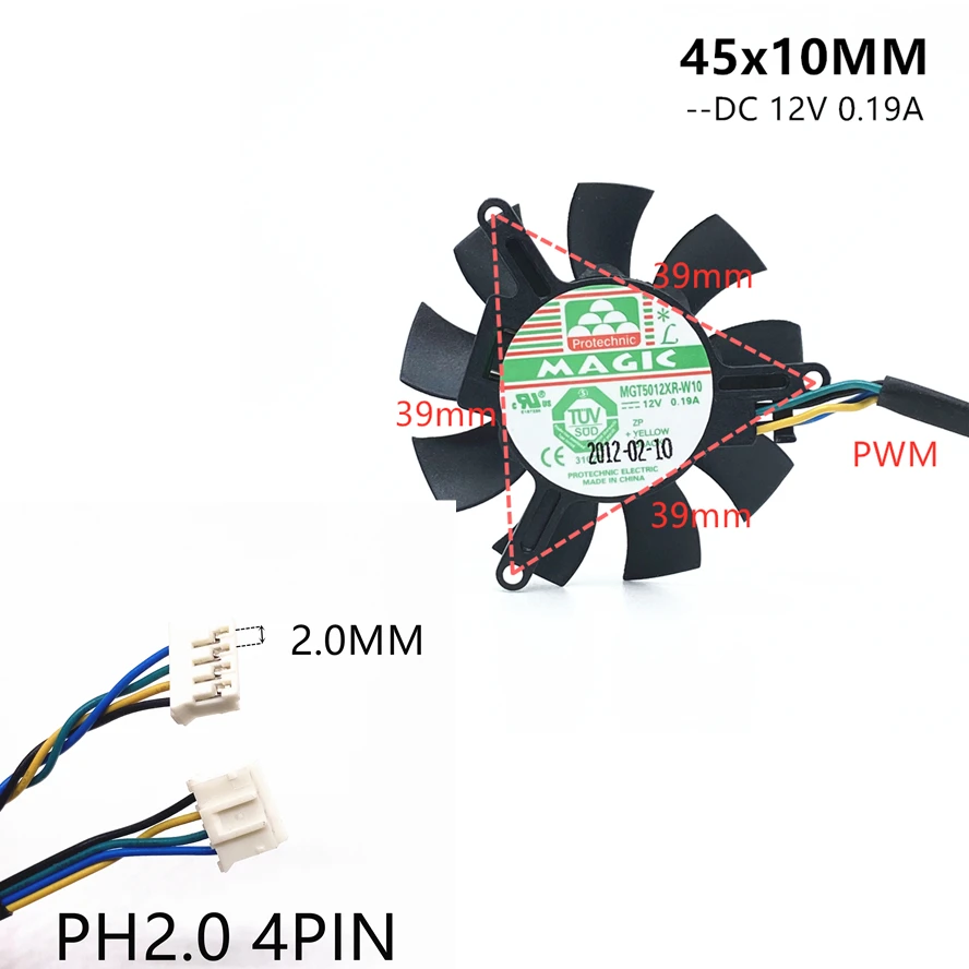 

MGT5012XF-W10 High Quality Ultra Quiet 5010 Graphics Card Fan Blade 45MM Diameter 39mm Hole Pitch 12V 0.19A Fan Blade 4pin PWM