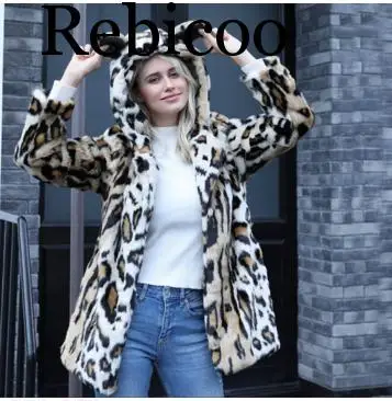 

Hot Autumn Women's Fashion Leopard Print Hooded Faux Mink Fur Coats High Quality Winter Warm Femlae Rabbit Leather Jacket