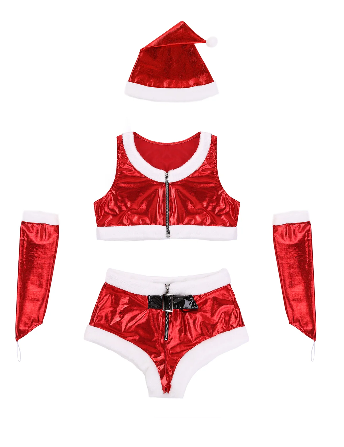 TiaoBug 4Pcs Women Hot Santa Babe Costume Christmas Fancy Dress Outfit Flannel Crop Top And Shorts With Hat Fingerless Gloves