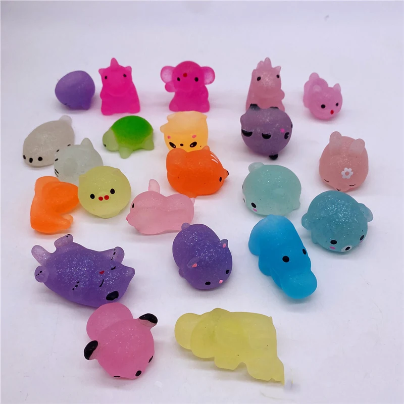 10Pcs New Design Glitter Squishy Animal TPR Soft Mochi Anima for Kid Mini Stress Relief Toy Favor Birthday Gift Bling Prize