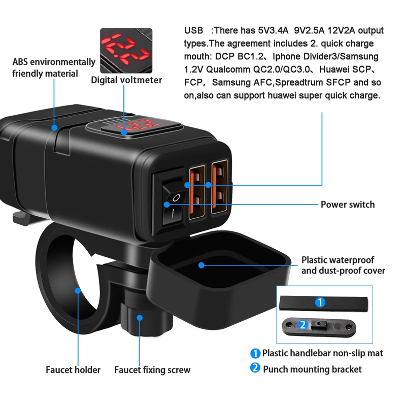 Caricatore rapido per manubrio da moto impermeabile doppio USB 12V caricabatterie rapido 3.0 con adattatore per caricabatterie per moto USB voltmetro