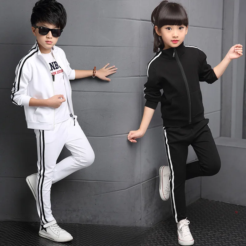 

2024 girls Boys Clothes Children solid Sports Suit Teenager tracksuit strip zipped jacket + sports legging pants 8 10 11 12 year