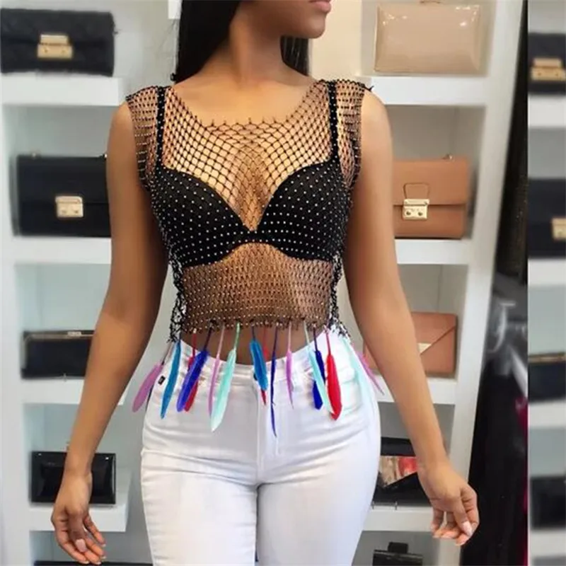 Camiseta de malla con diamantes de imitación para Mujer, Top corto Sexy, Camiseta sin mangas para Mujer, Camiseta blanca y negra para fiesta y Club, ropa urbana para Mujer