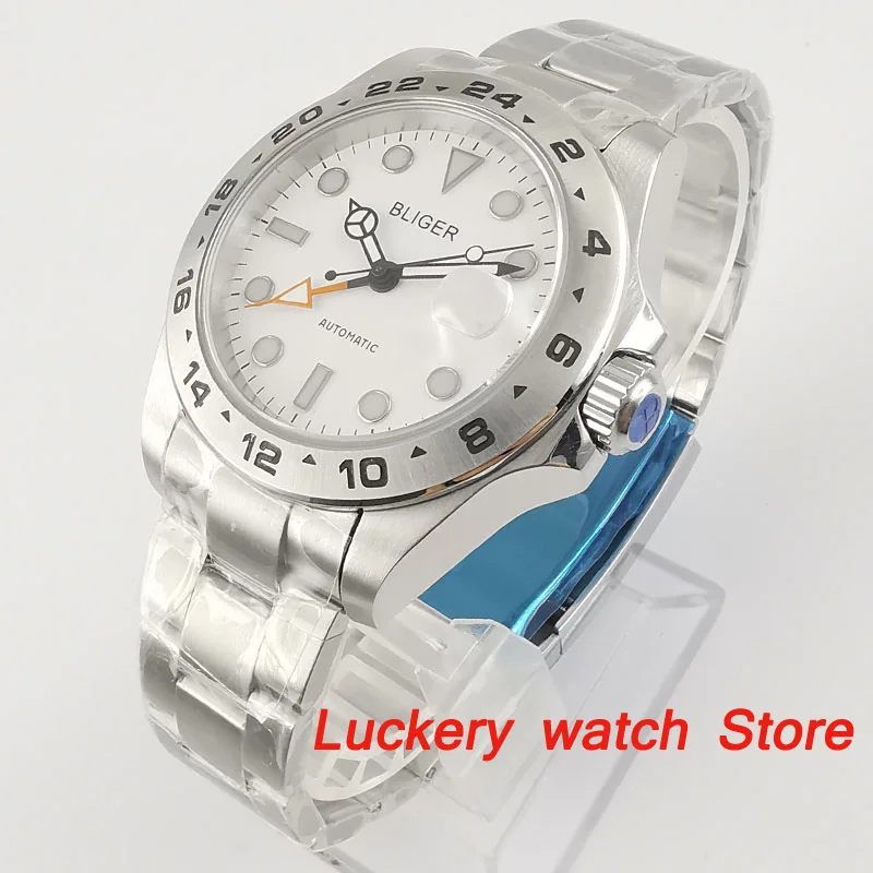 Bliger 43mm top luruxy brand Men watch white dial Sapphire glass luminous and GMT Function Automatic winding Movement