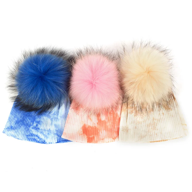 Colorful Tie-dye Real Pompom Fur Beanies 0-6month Newborns Keep Warm Threaded Hat Girls Boys Winter Knitted Hat Fashion Soft Cap