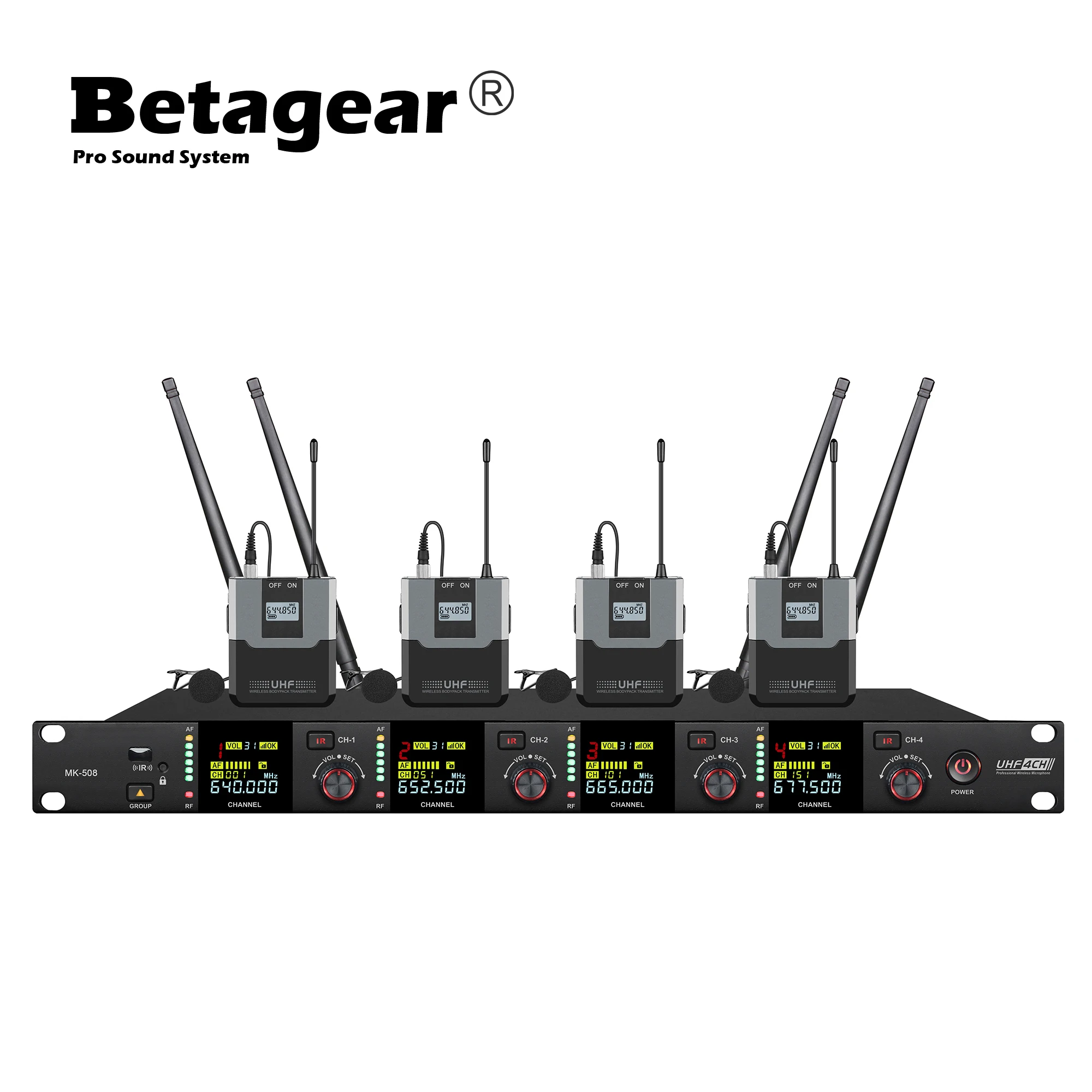 Betagear MK508 Professional  Wireless Microphones  UHF 4 Channel Karaoke System  Optional Frequency Range 500MHZ~900MHZ