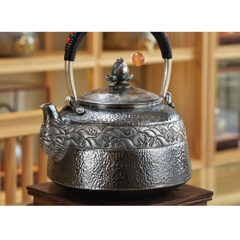 Silver pot 999 sterling silver handmade tea set Japanese retro teapot kettle home tea ceremony Kungfu tea set 1200ml