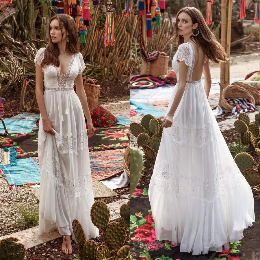 Robe de mariée en dentelle style bohème, simple, col en v, dos nu, perles, pour les patients, quelle que soit la longue plage, 2024