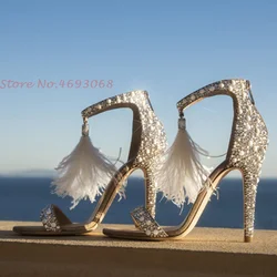 Bling Crystal Feather Women Sandals Party Wedding Ankle Wrap Kid Suede Female Shoes Round Toe High Stiletto Heels Casual Fashion