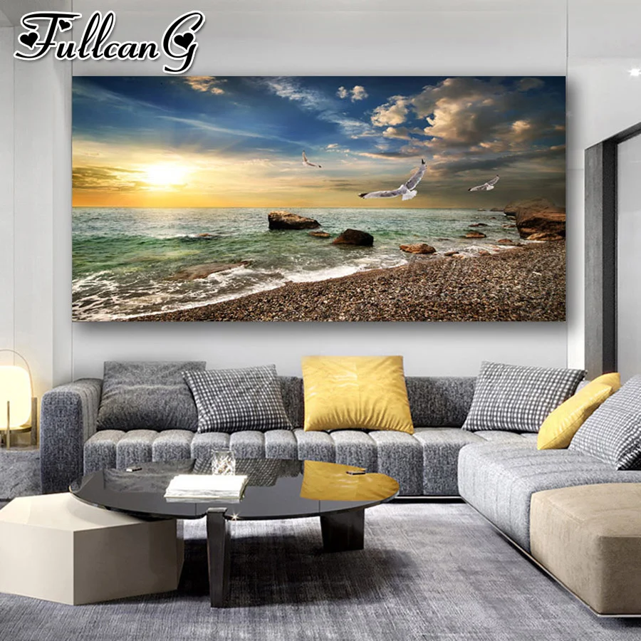 FULLCANG Sunset natural sea landscape pittura diamante grande 5d diy full square round drill mosaico ricamo vendita decor FC2863