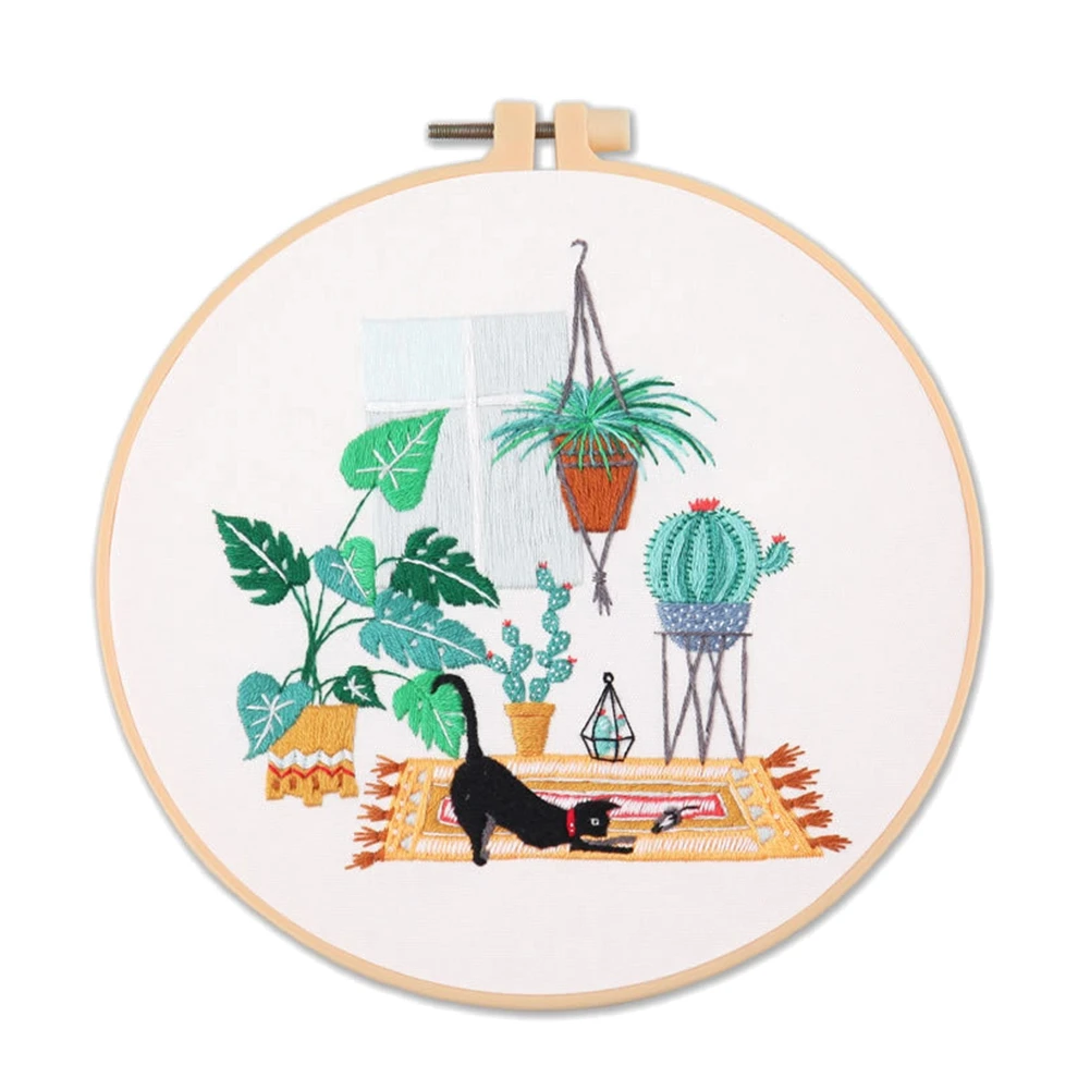 Flower Black Cat Pattern Embroidery Set Needlework Tools Printed Beginner DIY Embroidery Round Cross Stitch Kit Sewing Craft Kit