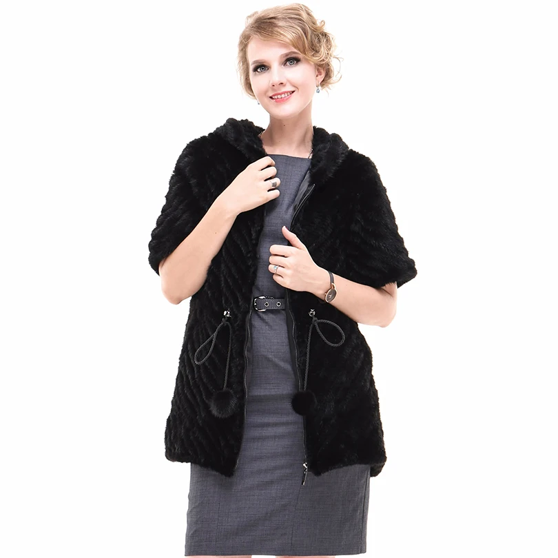 

Luxury Genuine Knitted Mink Fur Coat with Hoody Autumn Winter Women Outerwear Garment LF21003ZGF