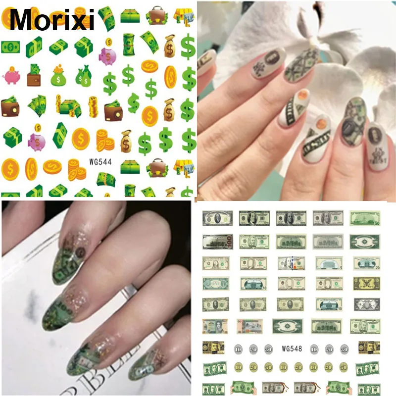 

Morixi nail art sticker cartoon money strips dollars printing DIY manicure self glue nail art wraps WG069