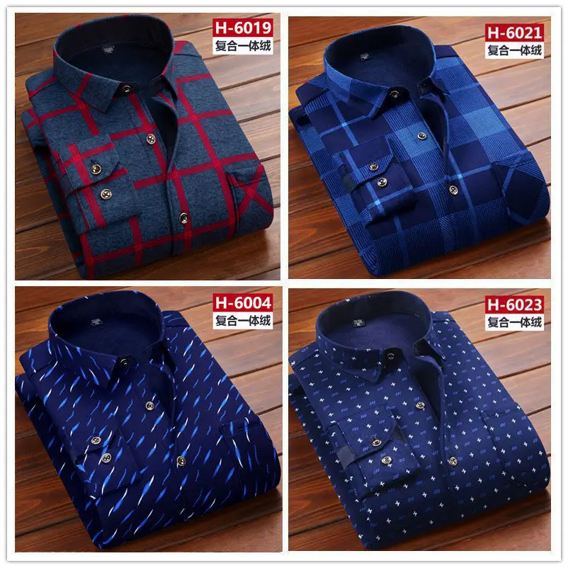 2024 New Autumn Winter Men Fleece Shirt Fashion Plaid Thick Keep Warm Shirt Male Print Long Sleeve Business Big size Shirt L-6XL