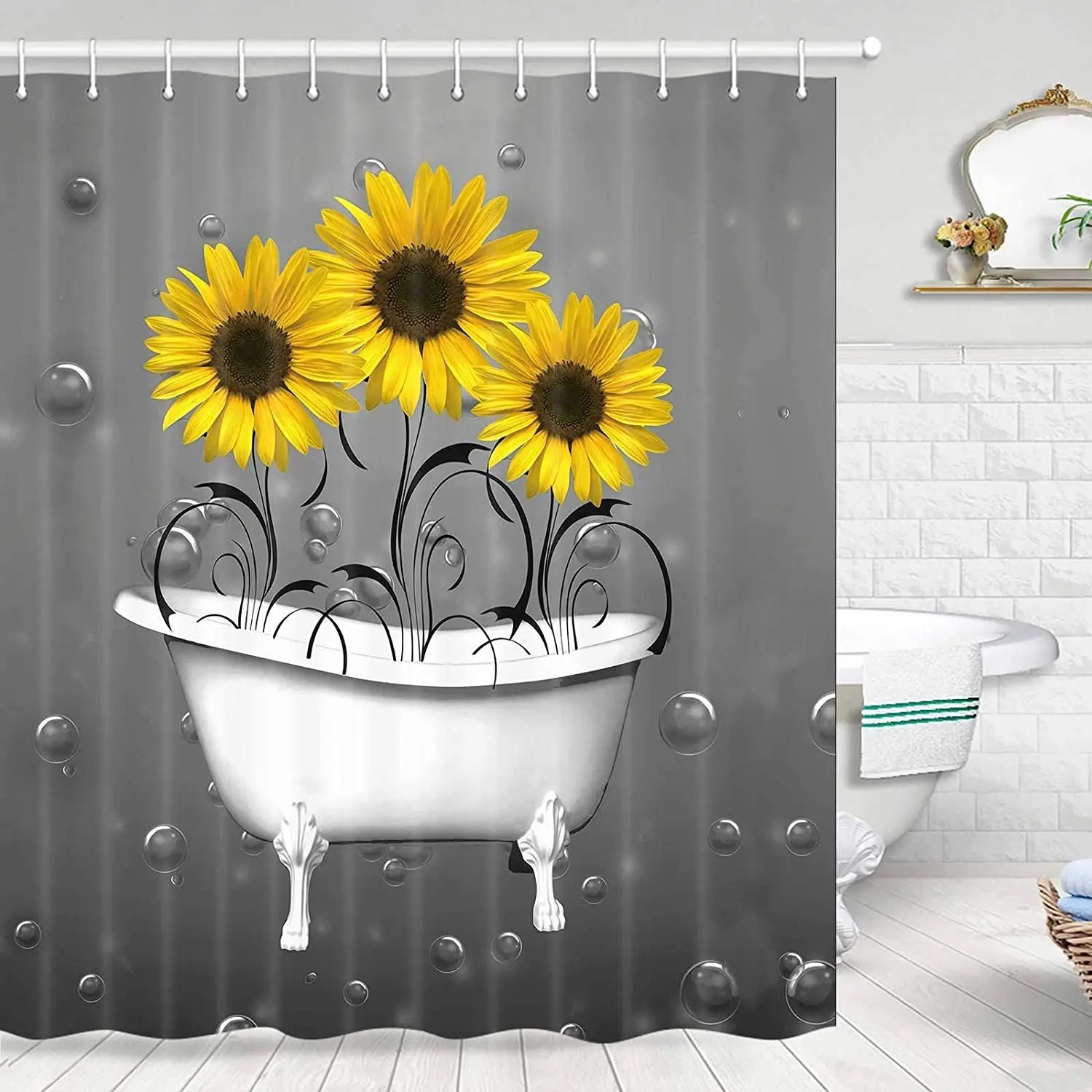 Sunflower Shower Curtain Sunflowers White Bathtub Bubbles Cute Kids Bathroom Decor Yellow Flowers Hanging Curtains Set