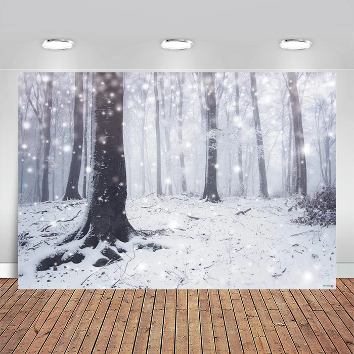 Winter Enchanted Forest Photography Backdrop Frozen Snowy White Birch Root Background Bokeh Snowflake Natural Decoration Booth