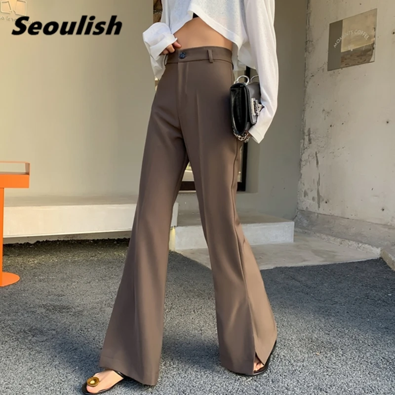 

Seoulish 2021 New Spring Autumn Black Split Women's Flare Pants High Waist Elegant Long Pants Work Casual Loose Trousers Female