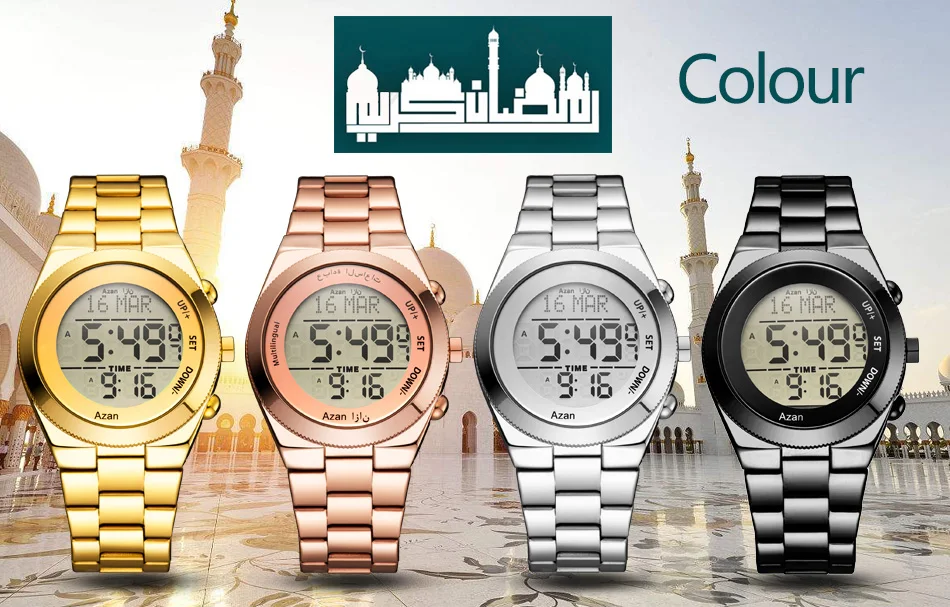 2021 New Arrival Luxury Men Digital Stainless Steel Muslim Prayers Qibla Reminder alfajr Azan Arabic Watch 6002