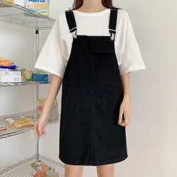 Summer Women Denim Dress Sundress Large Size Loose Sleeveless White Overalls Dresses Female Adjustable Strap Black Short Dress