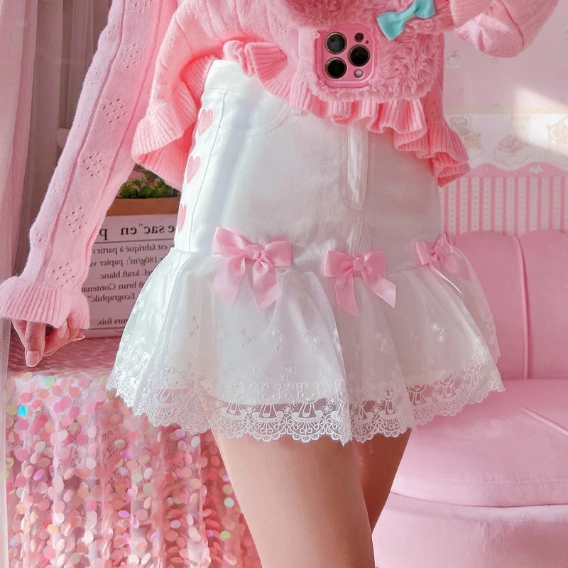 Korean Fashion Women White Lace Mini Skirt Lolita Cute High Waist Kawaii Heart Embroidery Tutu Pleated Short Skirts with Shorts