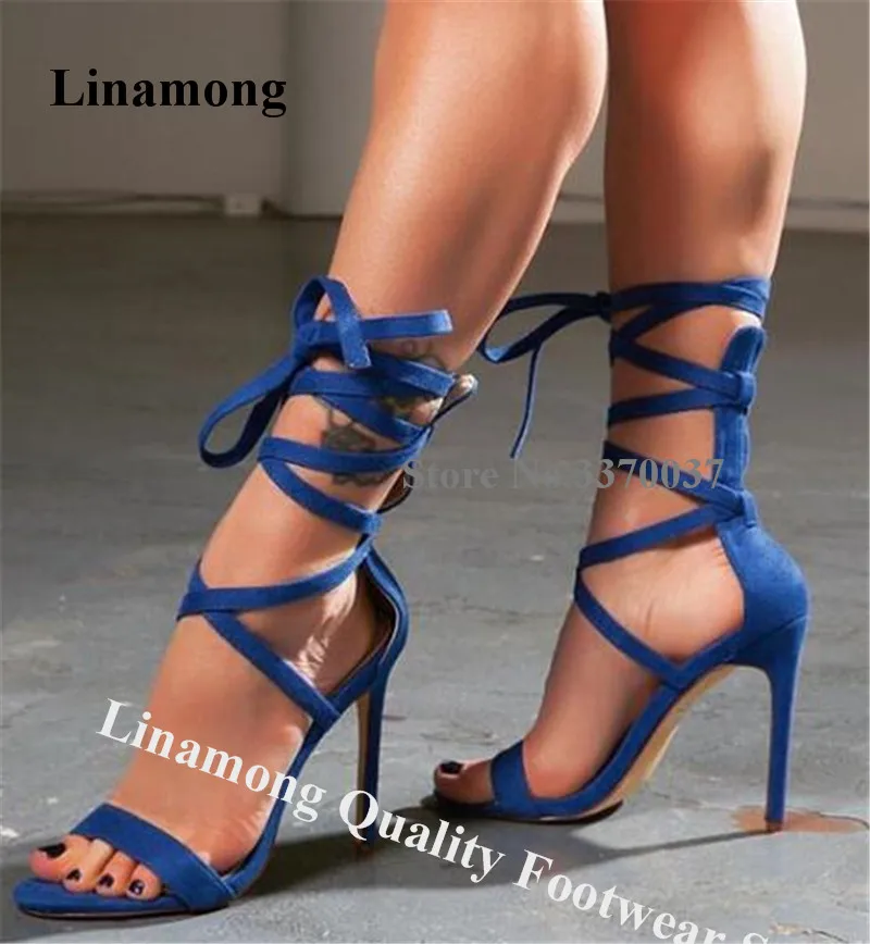 

Linamong Women Suede Leather Thin Straps Cross Stiletto Heel Gladiator Sandals Lace-up Blue High Heel Sandals Club Dress Shoes