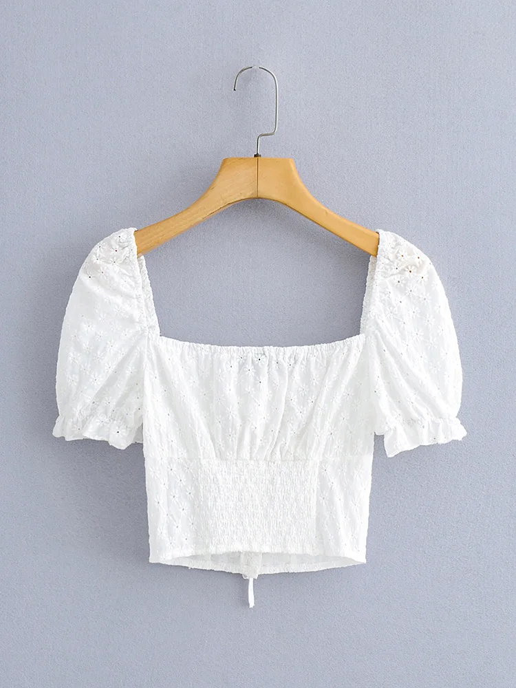 Tops Women 2022 Short Puff Sleeve Embroiery Blouse White Top Square Neck Lace Up Tie Bow Back Smocked Button Up Summer Crop Top