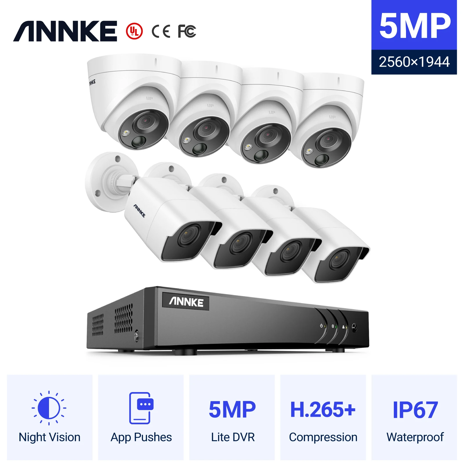 ANNKE 8CH 5MP Security Camera System 5mp H.265+ DVR Surveillance with 5MP IP67 Waterproof Outdoor Security Kit White Color