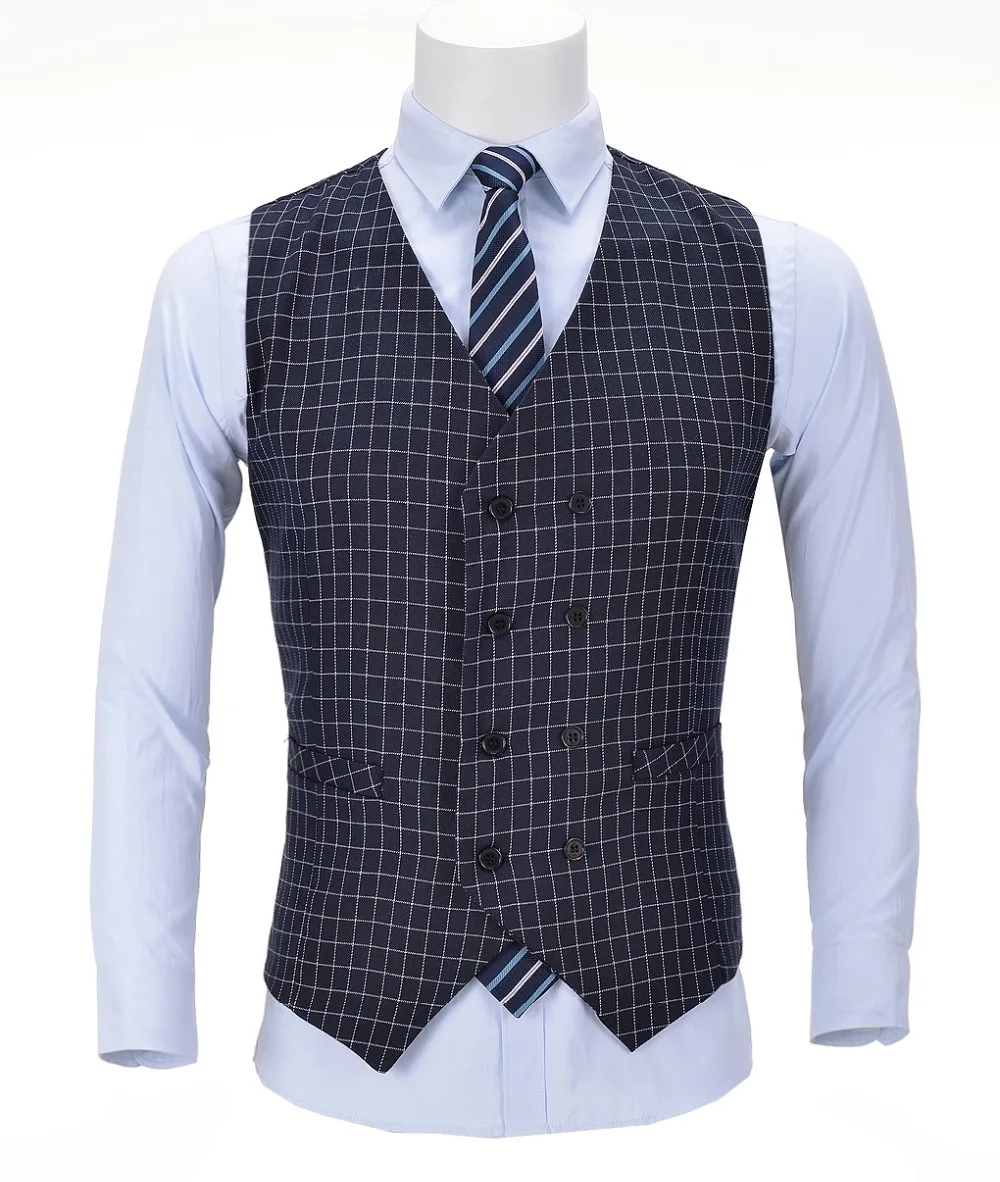 Tweed Mens Navy Business Vest Plaid Slim Fit Tweed Wool Single-breasted Cotton Tuxedos Waistcoat For Formal Wedding Groom