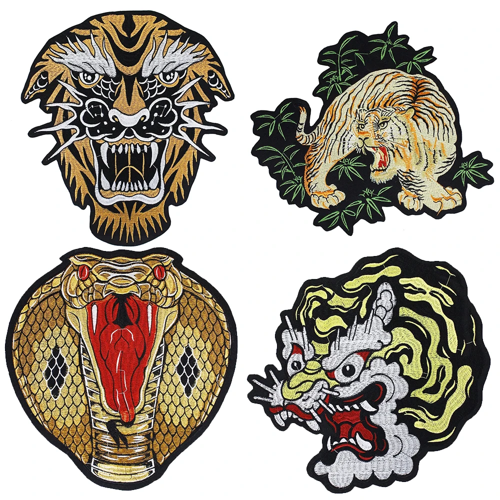 Grande Tiger Snake Dragon Lion Patch, ferro no emblema traseiro do motociclista, motocicleta punk, bordado para roupas, decalque, suprimentos de bricolage, 1pc