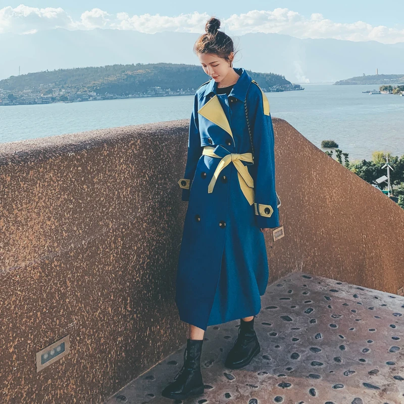 

Brand Pop Trench Coat Double-Breasted Long Lady Duster Coat Female Outerwear Spring Autumn Clothes with Belt