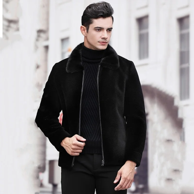 Winter New Business Casual Mens Jacket Turn-Down Collar Wool Coat Slim Fit Zipper Luxury Black Real Fur Fashion Outerwear Male