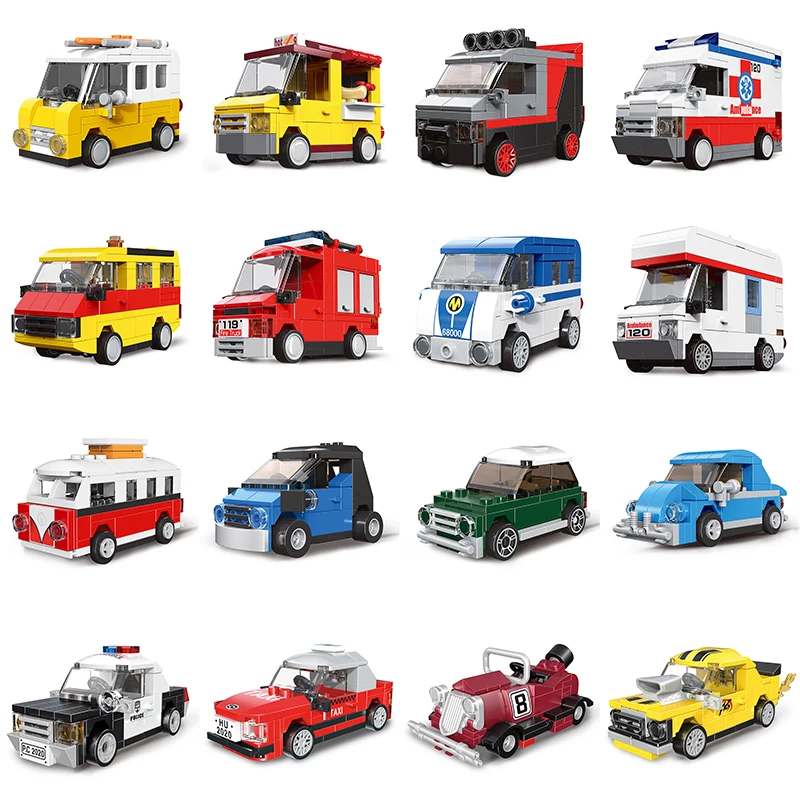 DECOOL Mini Pull Back Car City Police Taxi Bus Cooper Truck London Bus Vehicle Bricks Building Blocks Toys For Children Boy Gift