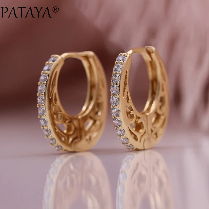 PATAYA New Hollow Circle Wedding Earrings 585 Rose Gold Color Natural Zircon Drop Earrings Women Party Fine Cute Fashion Jewelry