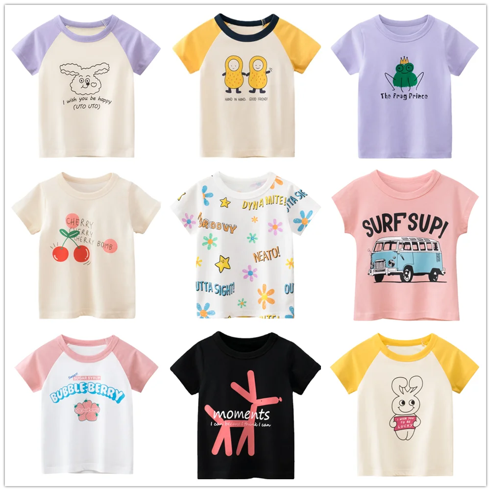 Baby Girls T-Shirts Clothes 100% Cotton Short Sleeve Bus Fruit Cartoon Kids Bottom Shirt Clothing for 1 to 9 Years Children