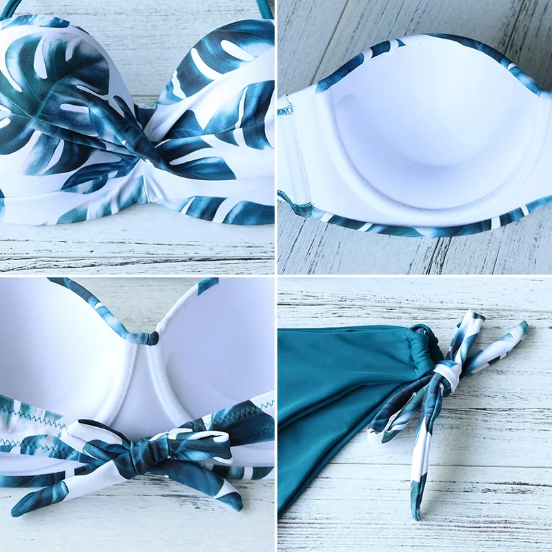 2023 New Leaves Print Bikini Swimsuit Women Push Up Bikini Set Bandeau Swimwear Bathing Suit Biquini Female Bikinis Sets 2 pcs