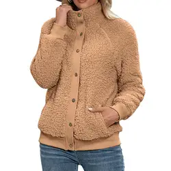 Dropshipping!! Buttons Closure Side Pockets Fleece Jacket Women Stand Collar Warm Cardigan Jacket Outerwear