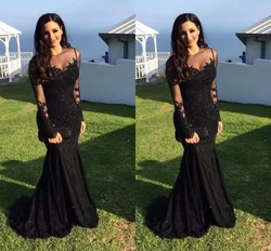 Black Muslim Evening Dresses 2019 Mermaid Long Sleeves Appliques Lace Beaded Islamic Dubai Saudi Arabic Long Formal Evening Gown