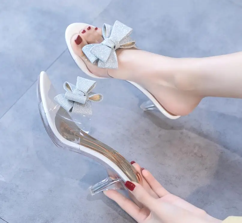 New Women Slippers High Heeled 6.5CM Butterfly-knot Women Casual Shoes Mules PVC Transparent Shoes Clear Open Toe Female Slipper