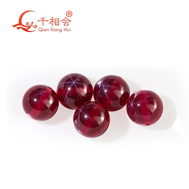 Transparent artificial star sapphire ruby red color sphere shape ball shape stone corundum with full hole loose gemstone
