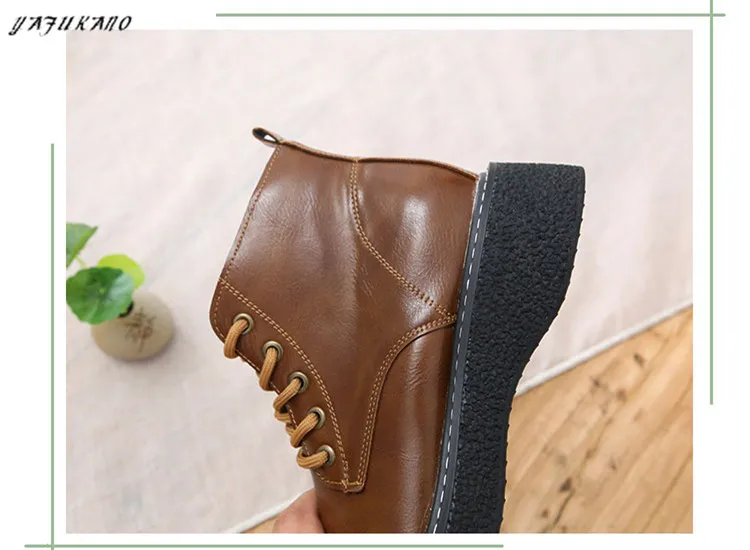 Mori Girl Retro British Small Leather Boots Wide-Head Womens Ankle Boots Handmade Warm Big-Head Short Boots Student Women Boots