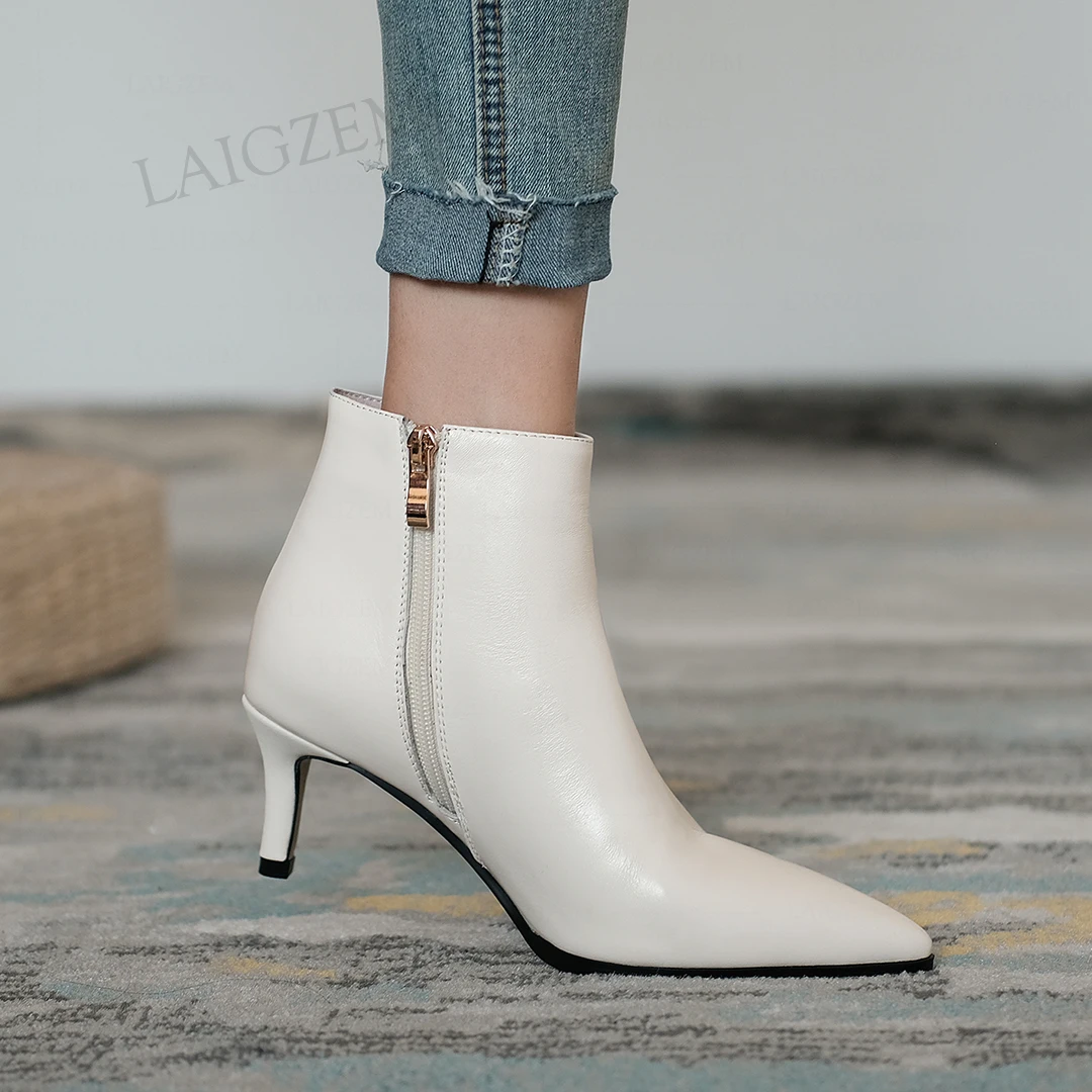 LAIGZEM kobiety botki prawdziwej skóry 6CM na cienkim obcasie boczne Zip spiczaste botki damskie obuwie kobieta rozmiar 33 40 42 43