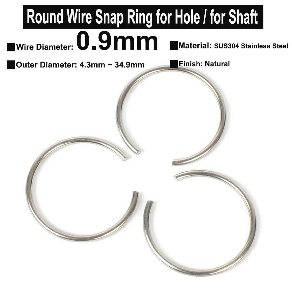 

10Pcs Wire Diameter φ0.9mm SUS304 Stainless Steel Round Wire Snap Rings for Hole Retainer Circlips for Shaft OD=4.3mm~34.9mm