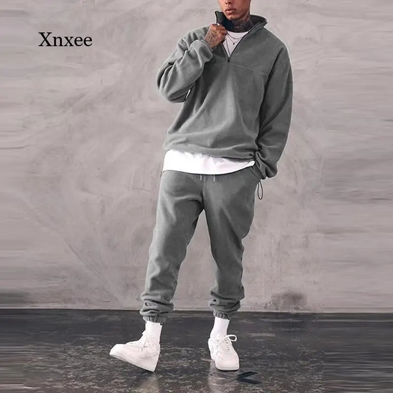 

Autumn Men's Sweatshirt Suit Long-Sleeved Solid Color Casual Sportswear Fleece 2-Piece Suit Warm Casual Sportswear