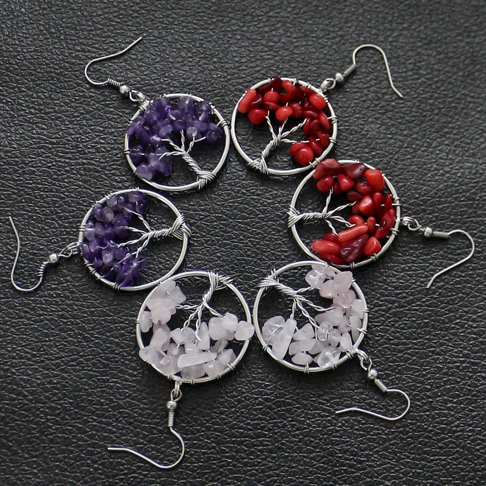 Handmade Tree Of Life Wish Tree White K Pendant Earrings Copper Wire Winding Natural Crystal Stone Fashion Creative Earrings