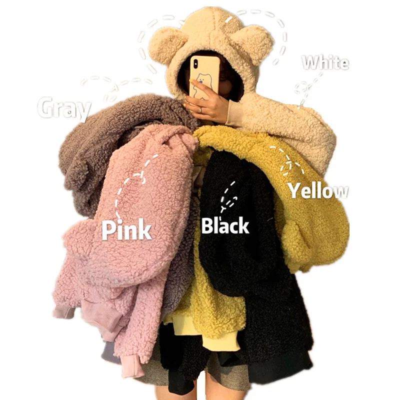 

Autumn Winter Women Fake Lambswool Pullover Warm Thicken Hoodies Bear Ears Kawaii Hooded Sweatshirt Loose Casual Fleece Outwear