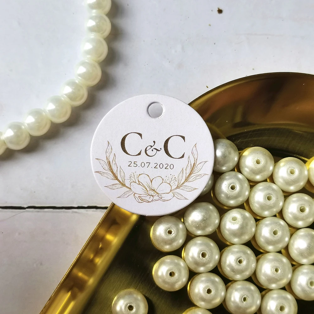 YJ4-100 Pcs 35mm Diameter White Pape Gold Lettes Personalized Customized With Own Logo Wedding Decoration Custom Brand