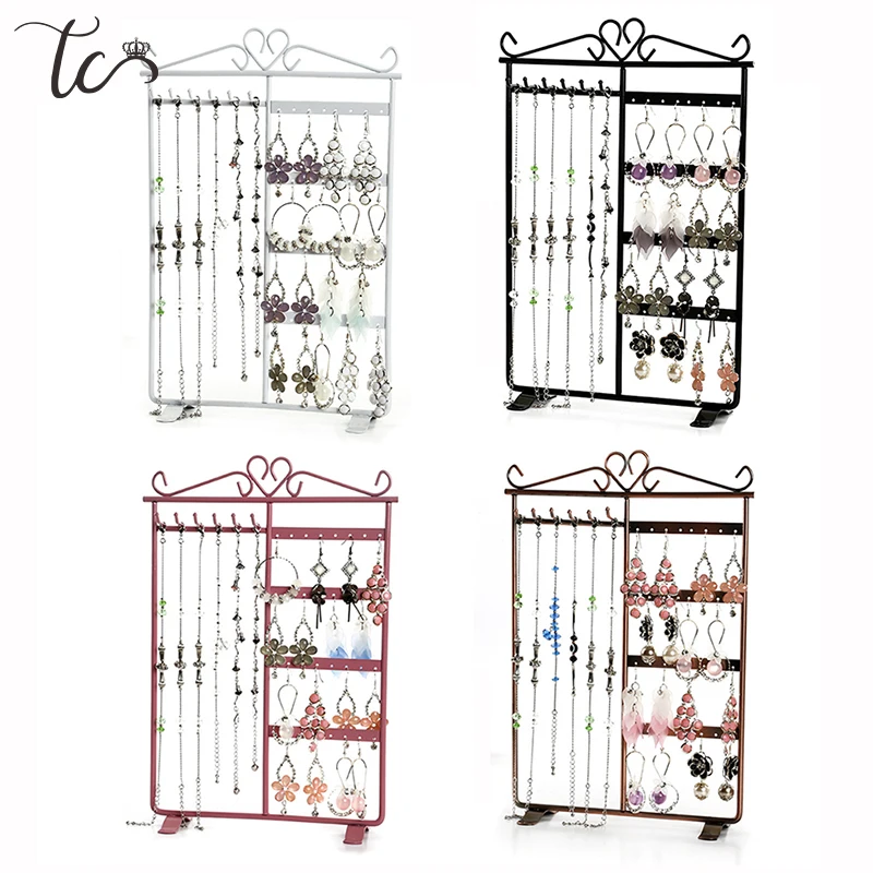 32 Holes Metal 6 Hooks Necklace Display Rack Metal Iron 4 layers Ear Studs Earrings Hanging Storage Jewelry Organizer