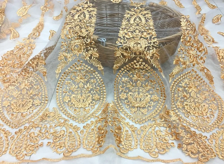 New Gold Thread Embroidery Mesh Lace Fabric French African Lace For Wedding Dress Designer Fabric